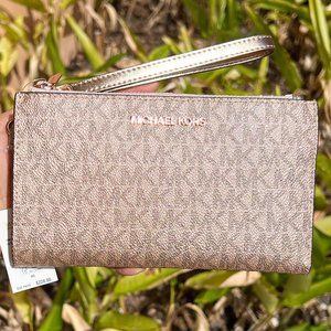 Michael Kors Jet Set Travel Double Zip PVC Leather Phone Wristlet MK Rose Gold